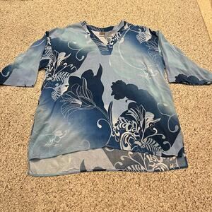 Natori Floral Tropical Tunic Sleep Shirt Sz XL 3/4 Sleeve Cozy Pockets Feminine